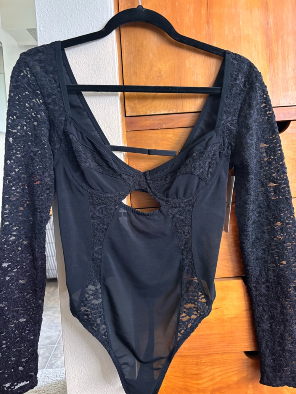 Urban Outfitters Black Lace Long-Sleeve Mesh Cutout Bodysuit